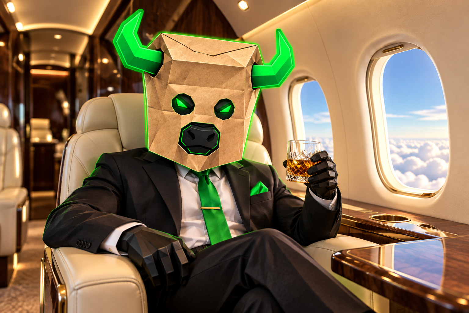Paper-bag bull in a black suit and green tie holding a drink aboard a private jet