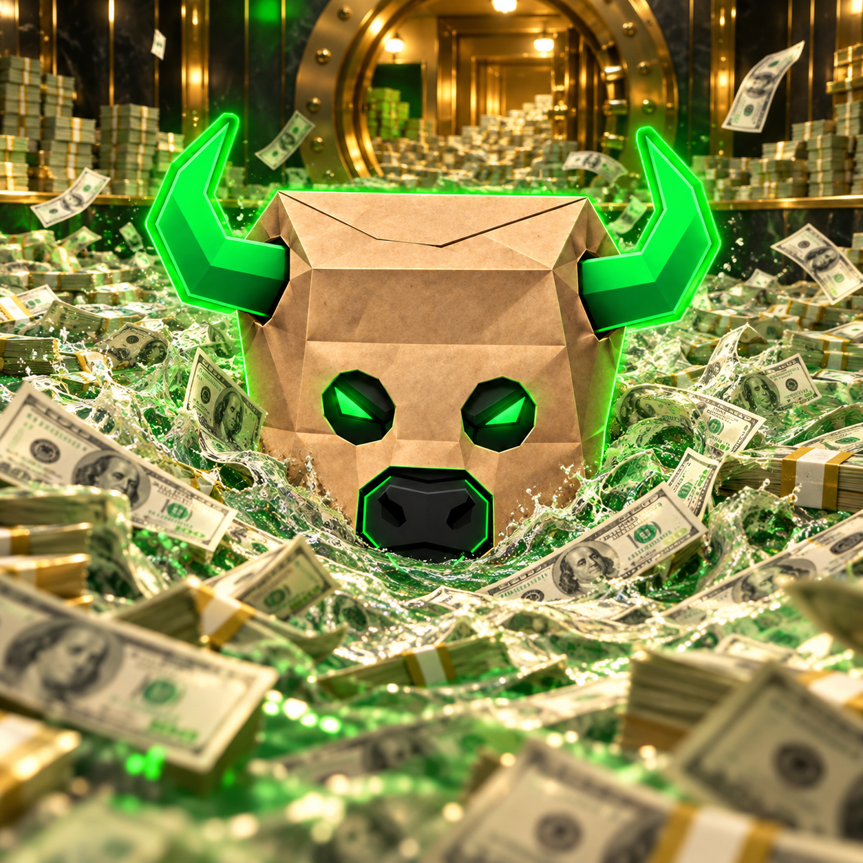 Neon-horned paper-bag bull swimming among dollar bills and stacks of cash inside a gold vault